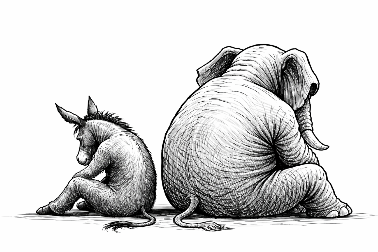 A donkey and elephant sitting back to back, dejected
